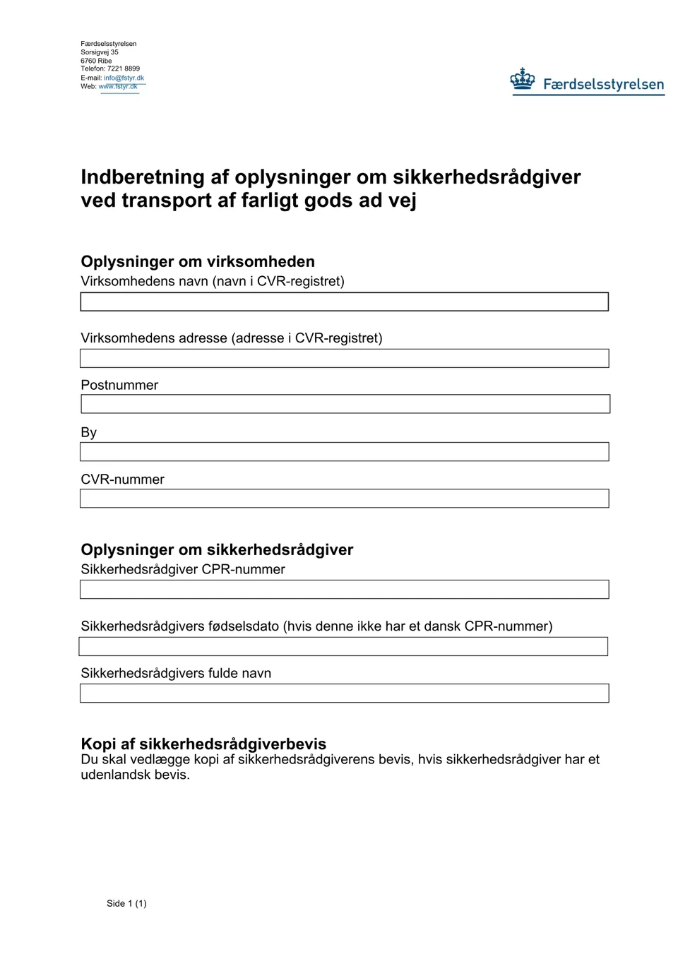 Dokument til indberetning af din sikkerhedsrådgiver