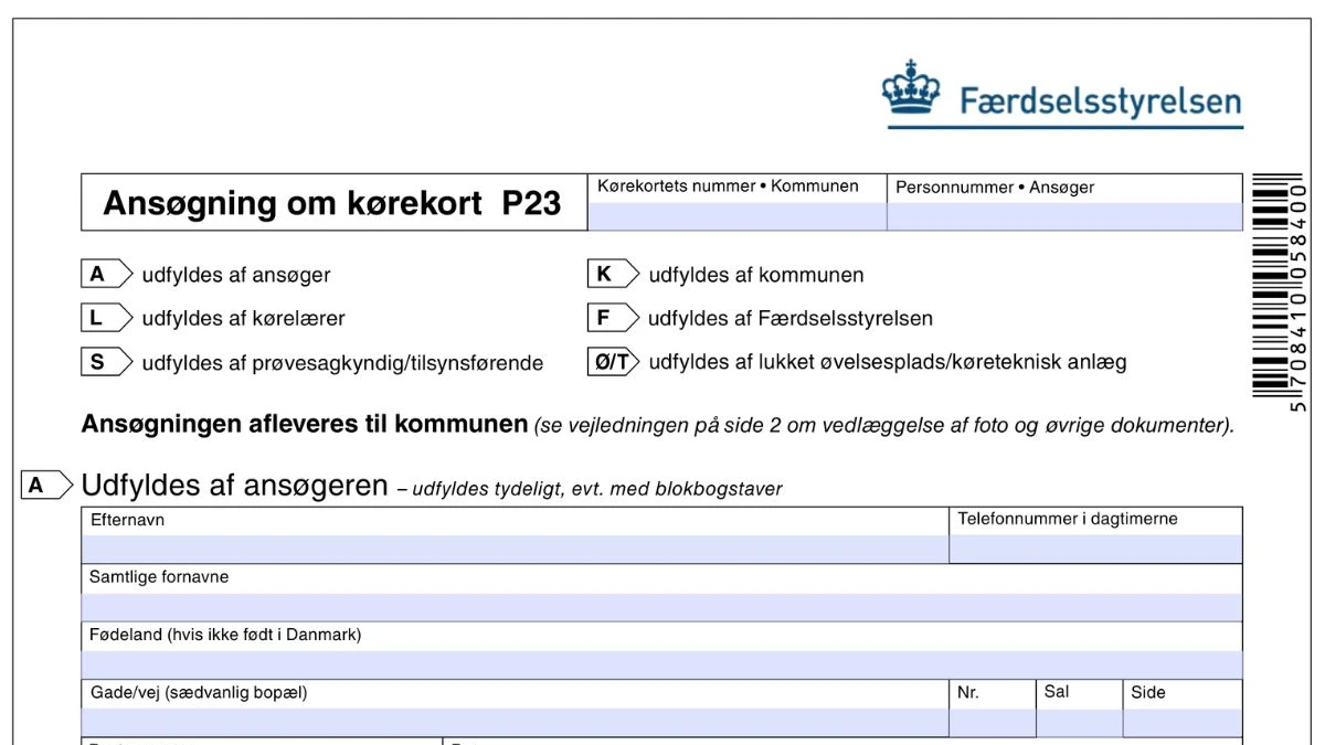 Ansøgning til kørekort P23 finder du hos Færdselsstyrelsen